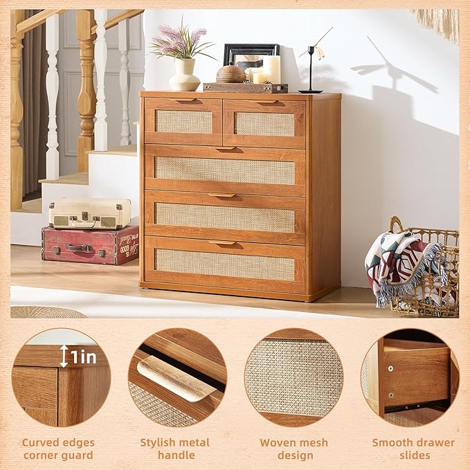 LEYAOYAO Rattan Dresser for Bedroom Set of 2, 33.5" Tall Chest of Drawers, Modern 5 Drawers Boho Dressers with Storage, Vintage Brown Dresser Wooden Closet Organizer for Living Room, Hallway