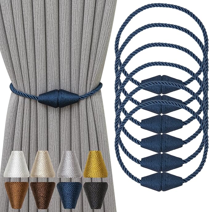 Magnetic Curtain Tiebacks 6 Pack Outdoor Rope Curtain Tie Backs Decorative Window Treatment Holdbacks for Home Decorative Curtain, Blue