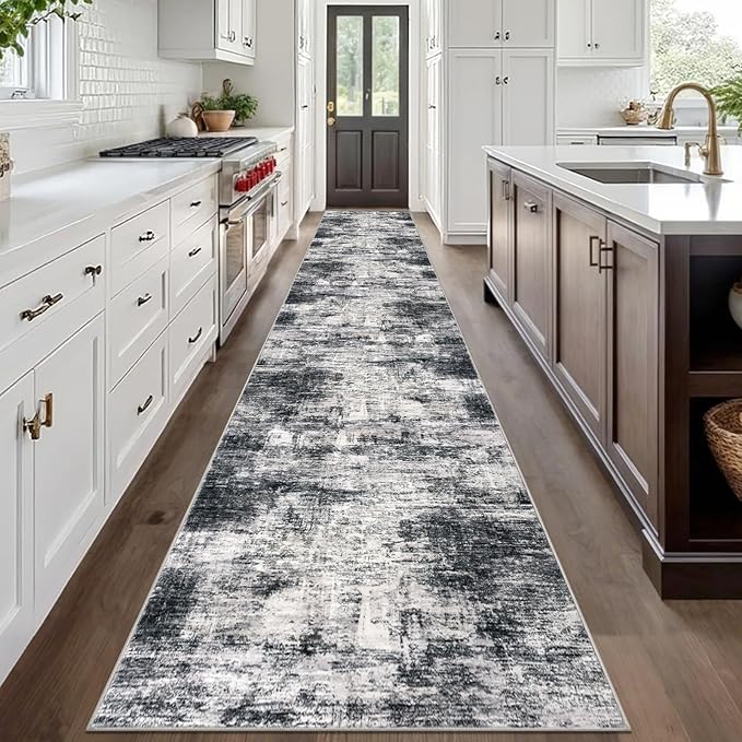 IOHOUZE Abstract Runner Rug 3x20 Ft Extra Long Washable Runners for Hallways, Non Slip Kitchen Runner Printed Faux Wool Entryway Runner Indoor, Modern Abstract Floor Carpet for Hall Stair, Black Grey