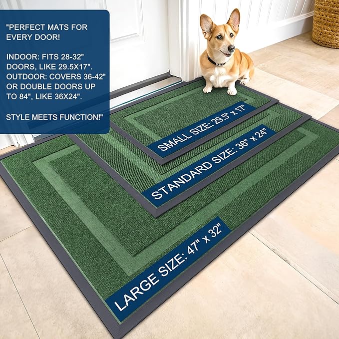OLANLY Front Door Mat Indoor Outdoor Entrance, Waterproof All-Season, All-Weather Doormat, Sturdy Natural Rubber, Fade Resistant, Low Profile, Easy Clean Patio Porch Entryway Mat, 59x23, Green