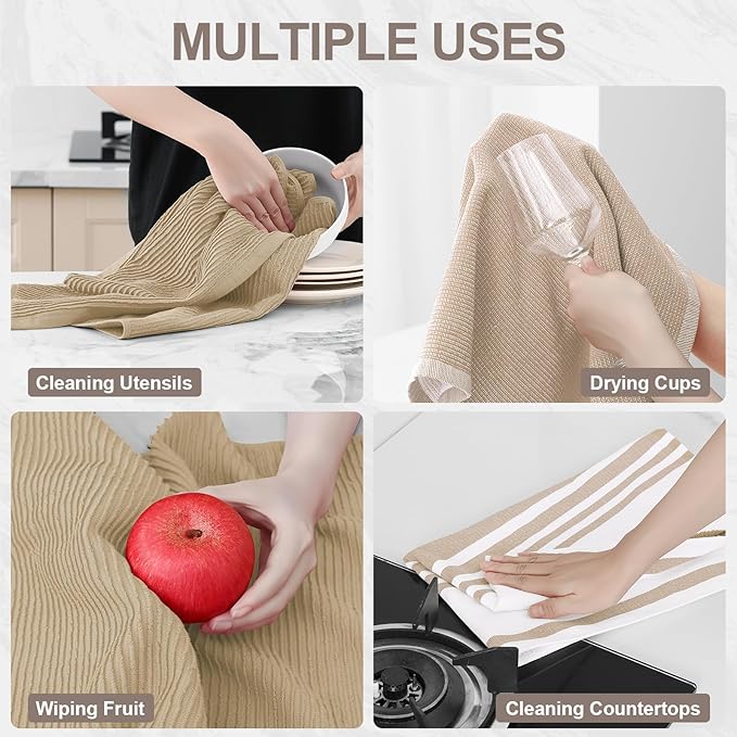 Homaxy Premium Kitchen Towels(18”x 28”, 12 Pack), Large Cotton 380 GSM Kitchen Hand Towels, Soft and Absorbent Terry Dish Towels, Multipurpose Tea Towel Set with Hanging Loop, Khaki