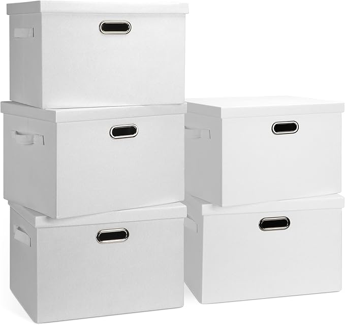 Large 17" 36 Quart Collapsible Stackable Storage Bins with Lids, 5 Packs White Linen Fabric Closet Boxes with Lids, Storage Cube Baskets Container Organizers for Bedroom Office(17 x12 x11)