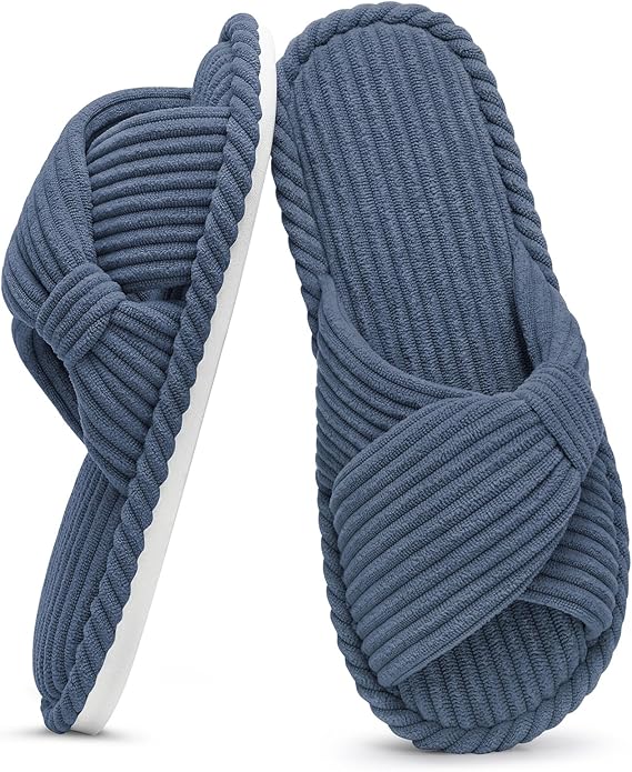 Evshine Summer House Slippers for Women Corduroy Cross Bow Indoor Slippers Open Toe Slip On Bedroom Shoes with Memory Foam