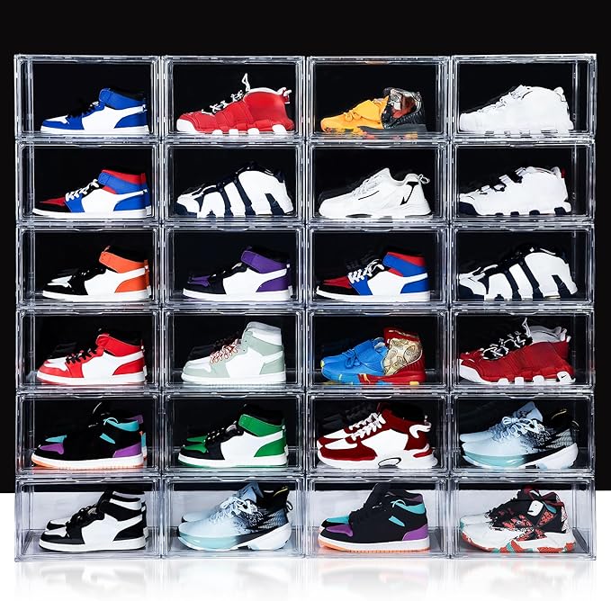NYZE 12 Pack Acrylic Shoe Boxes Side Open, Clear Shoe Box Plastic Stackable, Shoe Storage Organizer with Magnetic Door, Shoe Display Shoe Containers with Lids Fits Up to Size 15