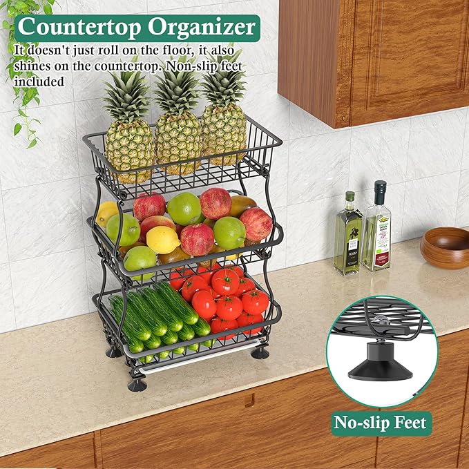 3-Tier Rolling Pantry Floor Organizer and Storage Cart with Wheels, Stackable Wire Pantry Baskets for Pantry Shelves, Kitchen Fruit Basket Stand and Storage Rack for Fruit Snack Onion Potato