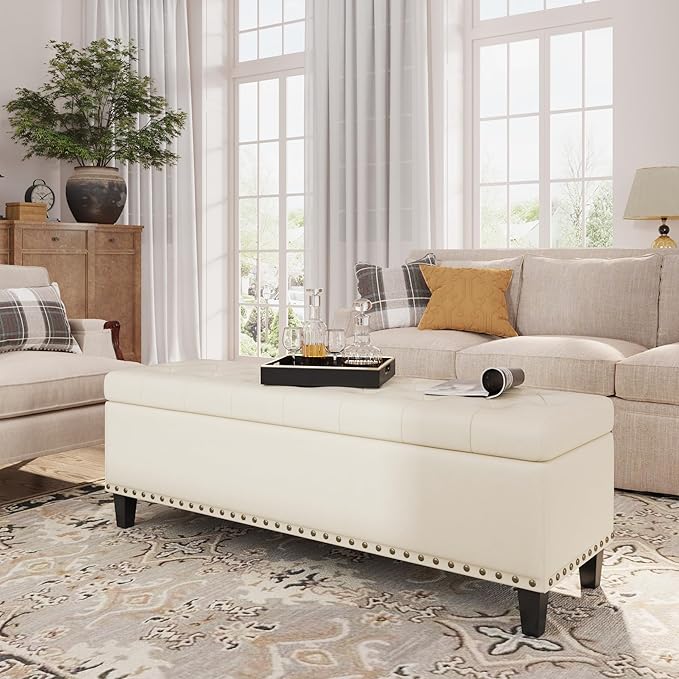 Storage Ottoman Bench, 51-Inch Large Storage Bench for Bedroom End of Bed, 30 Gallons Faux Leather Bench for Bedroom, Living Room, Entryway, Hallway, Cream White