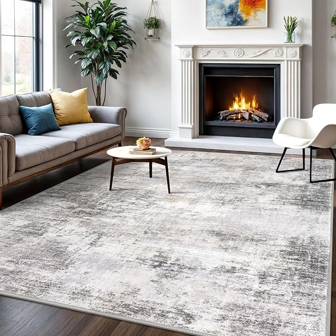 IOHOUZE Abstract Area Rugs 6x9 Ft Washable Rugs for Living Room, Non Slip Dining Room Rug, Printed Faux Wool Rugs for Bedroom, Floor Carpet for Office Nursery Playroom, Grey Beige