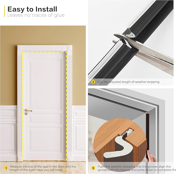 Weather Stripping Door Seal Strip - Soundproof Q-Shaped Foam for Exterior Door Frame, Large Gap Seal, Noise Cancelling, Easy to Install (Black, 19.8FT)