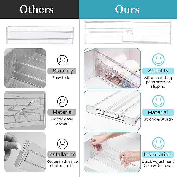 Vtopmart 8 Pack 6" Tall Upgrade Drawer Dividers for Big and Deep Drawer, 12.8"-22.3" Adjustable Expandable Dresser Drawer Organizer, Clear Plastic Separators for Dresser, Baby Supplies, Kitchenware