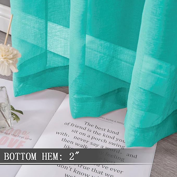 Tollpiz Short Sheer Curtain Linen Textured Living Room Curtains Sheer Light Filtering Rod Pocket Voile Curtain for Bedroom, 42 x 54 inches Long, Aqua Blue, Set of 2 Panels