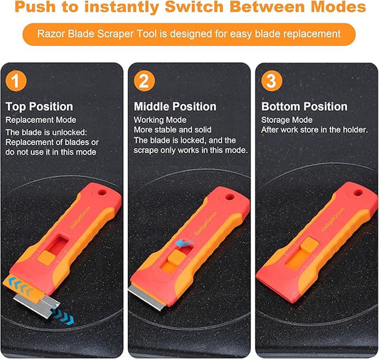 Upgraded Razor Blade Scraper with 10pcs Blades and 3Pcs small wire brushes,Scraper Tool for Cleaning Glass Window, Cooktop, Oven, Stove Scraper, Razor Scraper with Buit-In Blade Storage, Orange