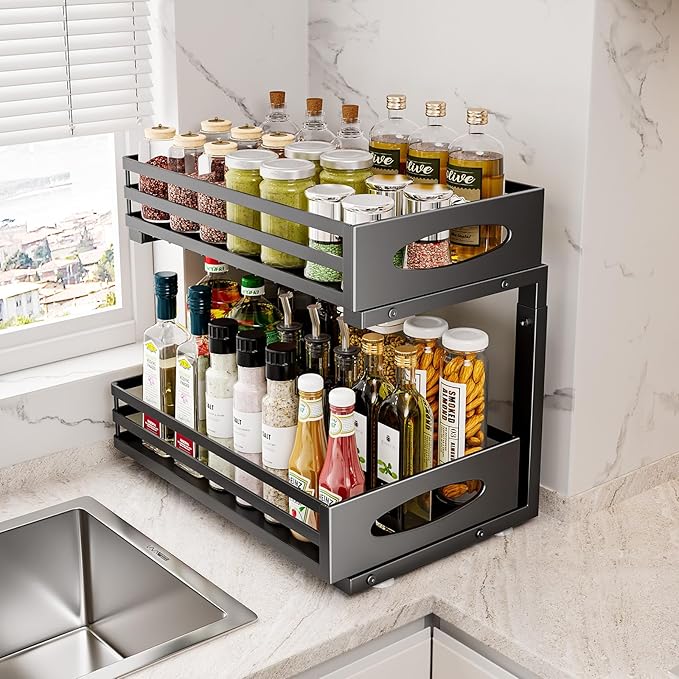 Under Sink Organizer, 2 Tier Under Sink Organizers and Storage, Adjustable Height, Slide out Metal Cabinet Organizers, Pull out Cabinet Storage Drawer Shelf for Kitchen Bathroom Black, 1 Pack