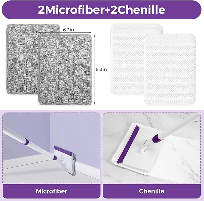 4 Mop Pads Refill for wlich Baseboard Cleaner(2 Chenille Pads+2 Microfiber Pads),Baseboard Cleaner Pad Refills for Ceiling, Wall, Floor and Baseboard Cleaning
