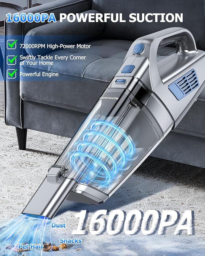 BQYPOWER Handheld Vacuum Cordless, 16000PA Strong Suction Hand Held Vacuum Dust Busters Cordless Rechargeable with Multiple Accessories, Portable Car Vacuum Cleaner High Power for Car Home Office