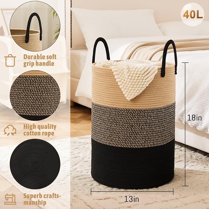 Laundry Basket,Woven Cotton Rope Laundry Hamper,40L for Decorative Storage of Dirty Clothes,Toys and Blankets in Bathroom,Bedroom and Living Room
