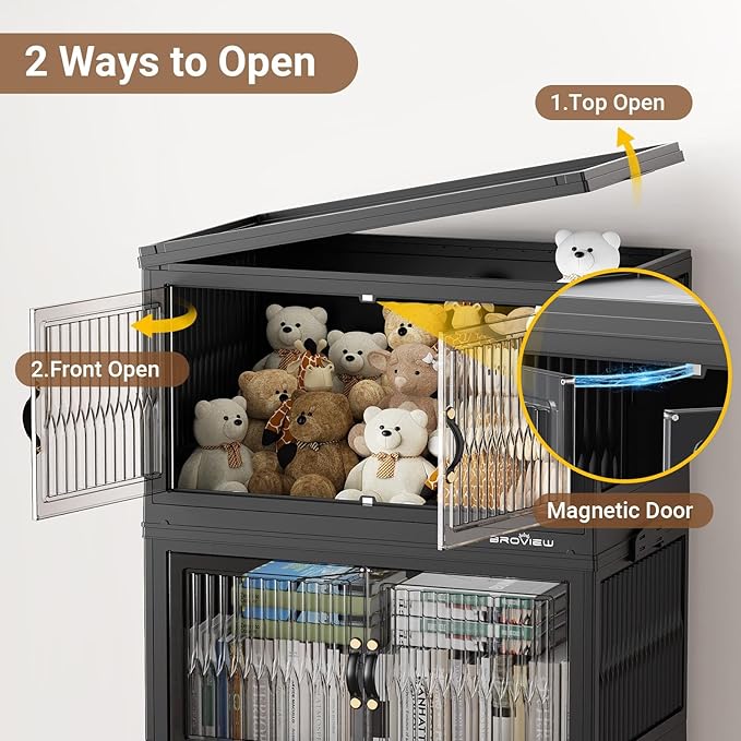 BROVIEW 600Qt Stackable Storage Bins with 5 Lids, Extra Large Closet Organizer Collapsible Drawer Boxes with Wheels, Folding Plastic Cabinet Containers for Home Kitchen Room Organization, 5Pack Black
