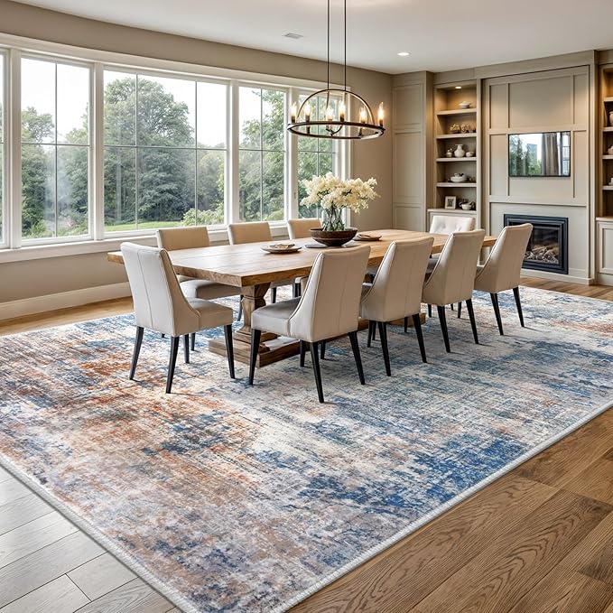IOHOUZE Abstract Area Rugs 9x12 Ft Washable Large Rugs for Living Room, Non Slip Dining Room Rug, Printed Faux Wool Rugs for Bedroom, Floor Carpet for Office Nursery Playroom, Blue Rust