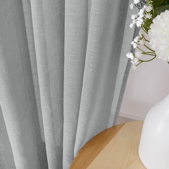 Tollpiz Sheer Curtains Linen Textured Bedroom Curtain Sheers Light Filtering Rod Pocket Voile Curtains for Living Room, 54 x 63 inches Long, Silver Grey, Set of 2 Panels