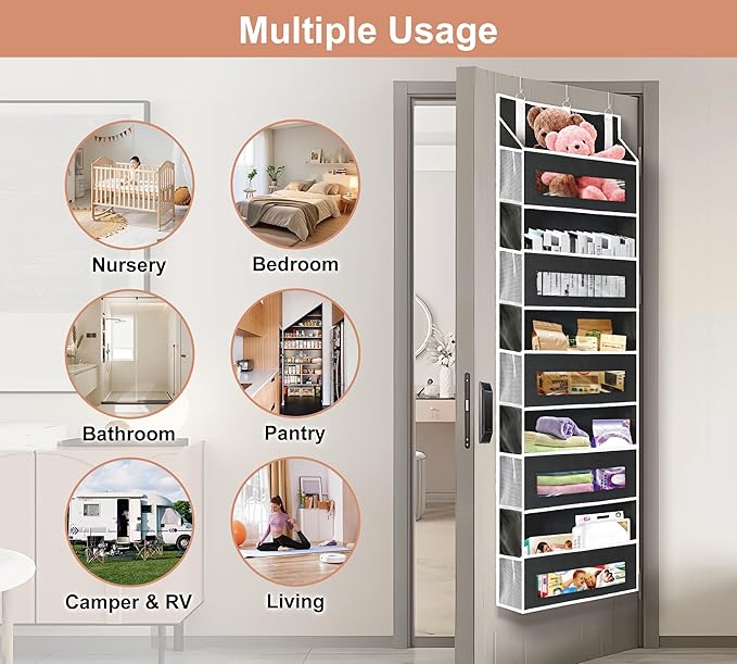 2 Packs 5-Tier Over the Door Storage Organizer with 10 Side Mesh Pockets, 48 lbs Load Capacity, 3 Hooks Design, Hanging Organizer with Clear Windows for Bathroom, Bedroom, Nursery, Kitchen-Black