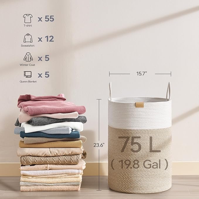 Laundry Hamper 75L,Large Laundry Basket for Clothes,Decorative Storage Basket for Blankets,Cotton Rope Woven basket for bedroom,Brown White