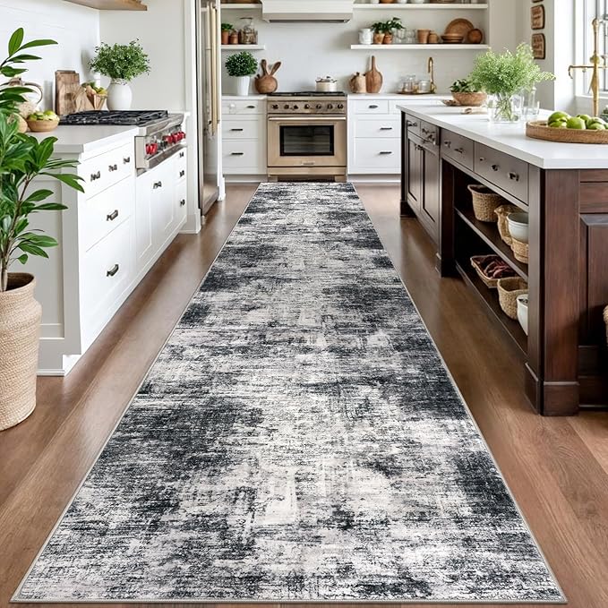 IOHOUZE Abstract Runner Rug 3x16 Ft Long Washable Runners for Hallways, Non Slip Kitchen Runner Printed Faux Wool Entryway Runner Indoor, Modern Abstract Floor Carpet for Hall Stair, Black Grey