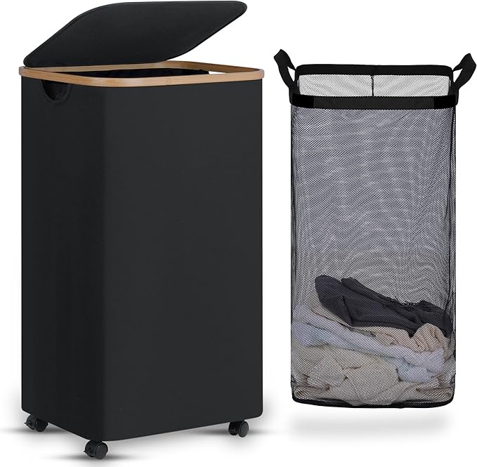 efluky Laundry Basket with Wheels, Tall Rolling Laundry Hamper with Lid and Removable Bag, Aesthetic Dirty Clothes Hamper on Wheels for Laundry Room, Bedroom, Dorm and Bathroom, 100L Black