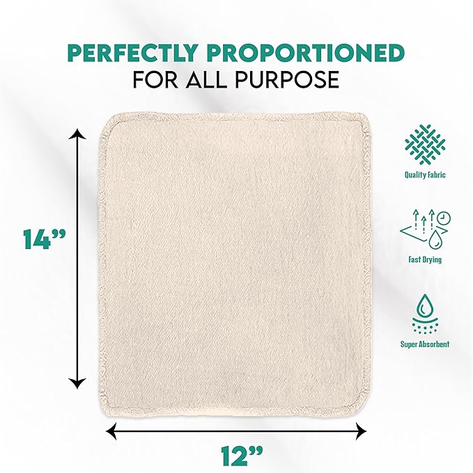 ZUPERIA Cotton Shop Towel – Multipurpose Cleaning Cloths (14" x 12" - Pack of 100 - White) Reusable Shop Rags for Automobiles, Industrial, Restaurants, Garage, and Homes