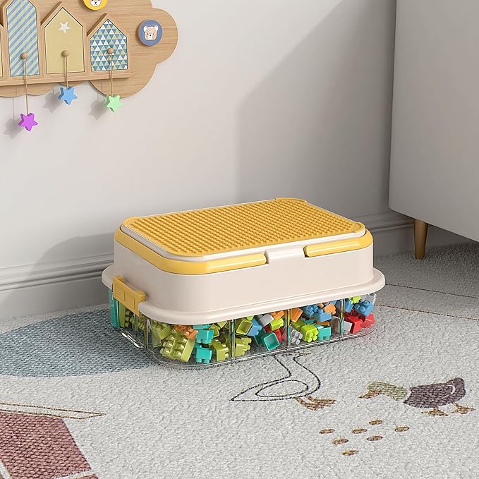 Toy Storage Organizer Box with Handle, Stackable Building Block Toy Box with Building Plate Lid & Removable Sorting Trays, Cubby Bins and Containers 1 Layer (Lemon)