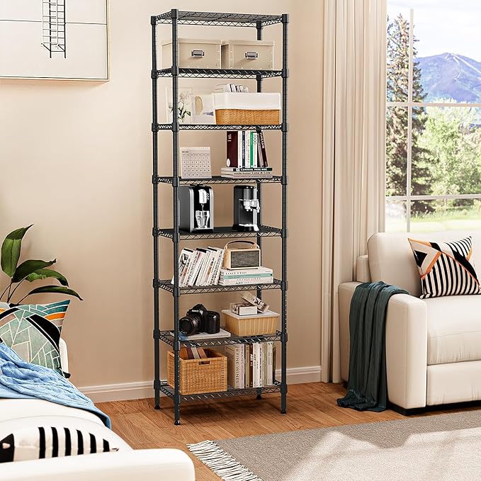 8 Tier 2000 lbs Storage Rack Metal Wire Shelving Unit, Storage Standing Shelf Organizer for Laundry Bathroom Kitchen Pantry Closet Garage Basement Utility Room, Black 13.8" D x 23.6" W x 79.5" H