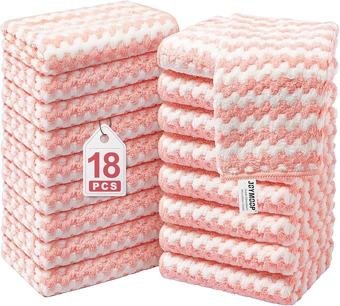 JOYMOOP Microfiber Cleaning Cloths – 18 Pack, 10" x 10", Pink – Reusable, Lint-Free, Super Absorbent Towels for Kitchen, Car, and Household Cleaning