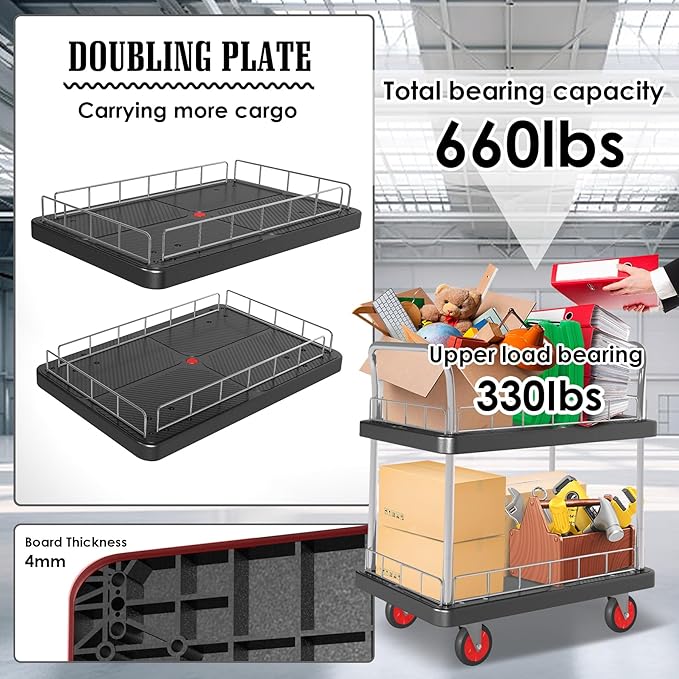 2 Shelf Utility Service Cart- 660lbs Capacity Heavy-Duty Plastic Rolling Utility Carts with 4 of 360° Swivel Wheels and Handle, Large Service Cart for Groceries,Warehouse,Garage 34.6''x 22.8''