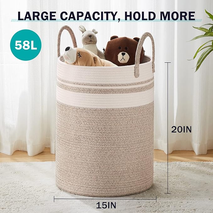 YOUDENOVA Woven Rope Laundry Hamper Basket, 58L Tall Laundry Basket for Blanket Organizer- Clothes Hamper for Bedroom Storage, Baby Kids Nursery Hamper-Large-Brown