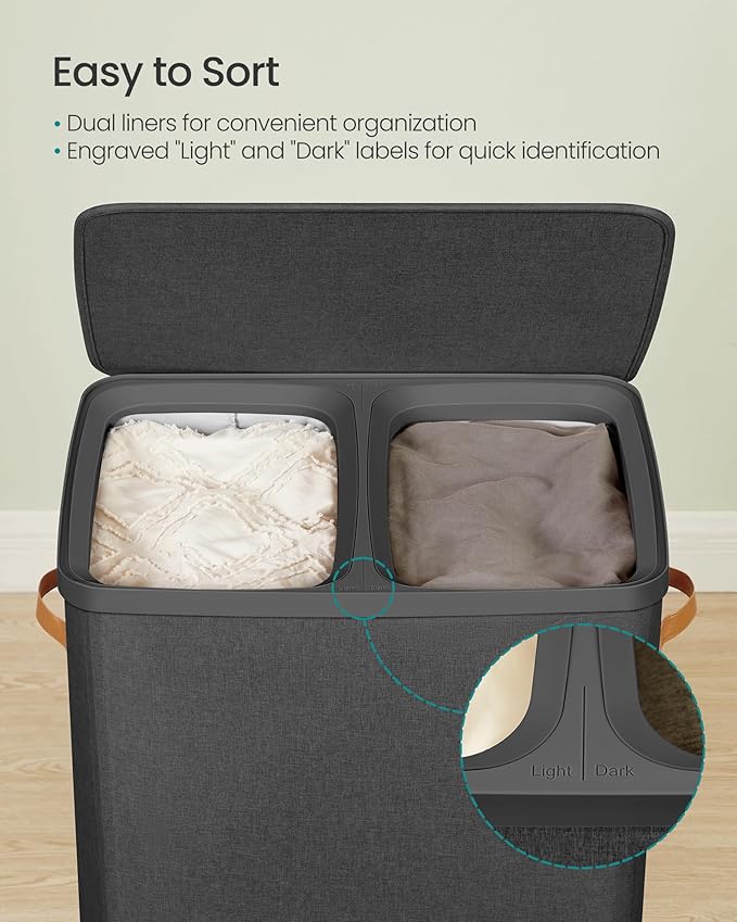 SONGMICS Laundry Basket, 44.9 Gal. Laundry Hamper, 2 Compartments, Easy Assembly, with Lid and Handles, Removable Liners, 22 x 15.7 x 29.5 Inches, Ink Black ULCB813B01