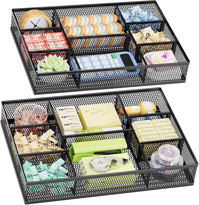 Marbrasse 2 Pack Desk Drawer Organizer, Mesh Drawer Organizer Tray with 8 Adjustable Compartments, Desk Organizers and Accessories, 5 Dividers Drawer for Office Supplies, Makeup & Vanity (Black)