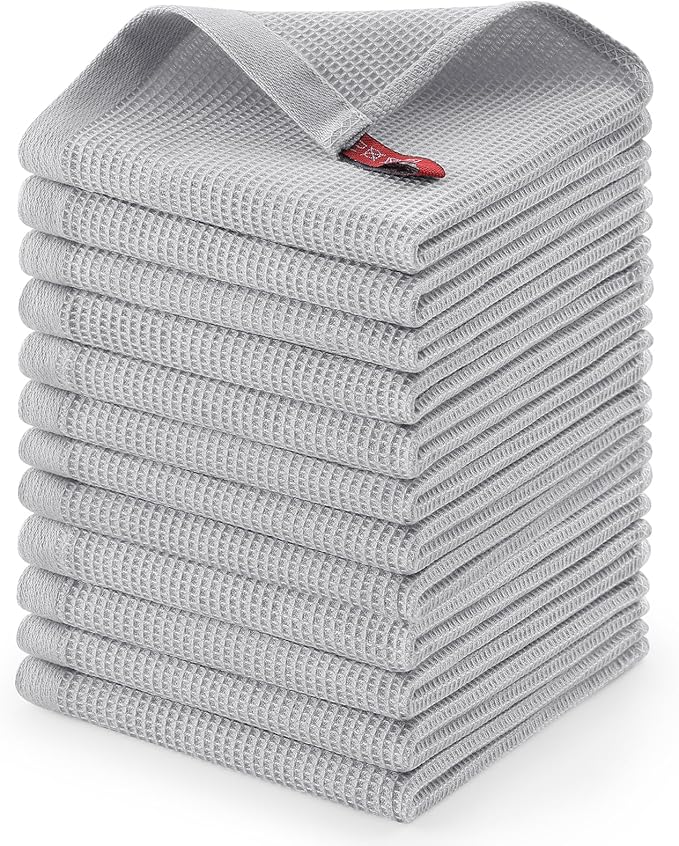 Homaxy 100% Cotton Waffle Weave Dish Cloths - 12 Pack Soft and Absorbent Dish Towels - 12 x 12 Inches Quick Dry Dish Rags - Light Grey
