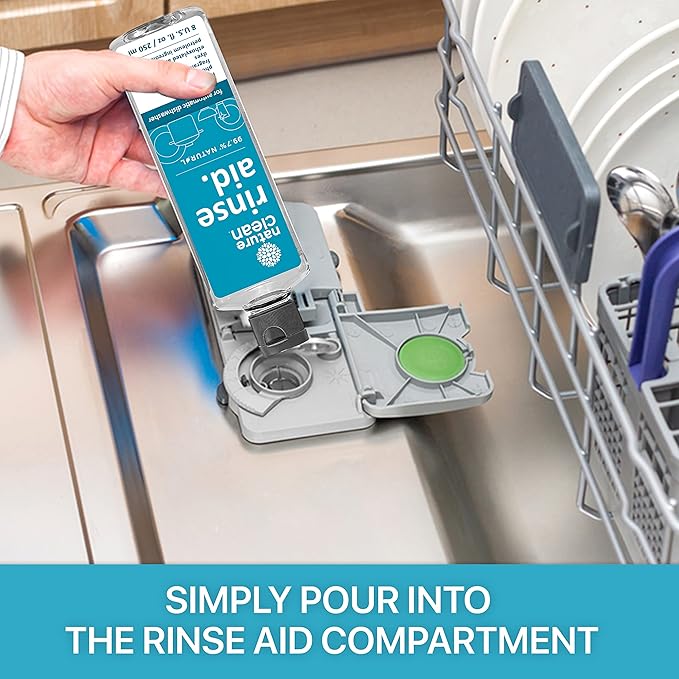 Nature Clean All Natural Dishwasher Rinse Aid Cleaner, Liquid Dishwasher Rinse Agent for Spot-Free Glass & Cutlery in Hard Water, Non Toxic Dish Washer Rinse Aid & Stain Remover, 8 oz/250ml, Pack of 3