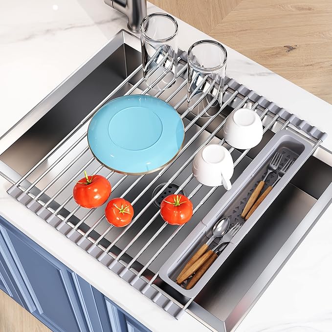 JASIWAY Over The Sink Dish Drying Rack for Kitchen, Expandable (12.8"-23.8" D x 15.5" W) Roll Up Dish Drainer with The Function of Fordable, Rust Proof, Large Sink Cover with Removable Utensil Holder