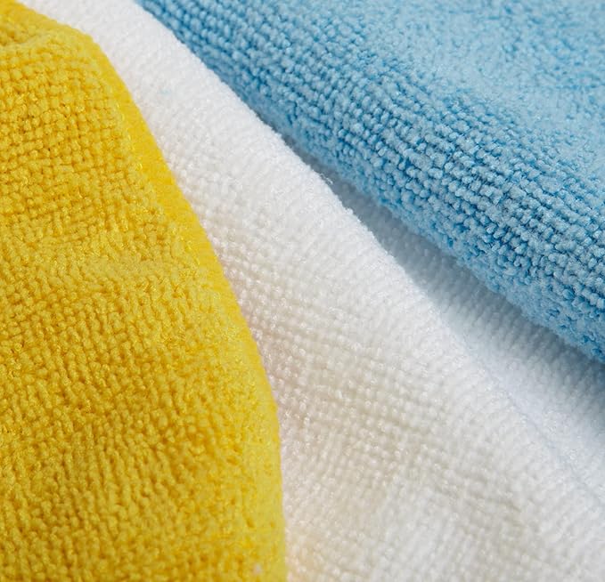 Amazon Basics Microfiber Cleaning Cloths, Non-Abrasive, Reusable and Washable, Pack of 36, Blue/White/Yellow, 16" x 12"