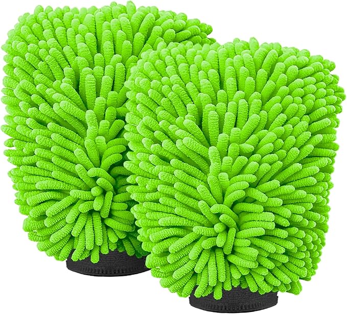 Car Wash Mitt Microfiber, Premium Chenille Microfiber Wash Car Mitts Sponge Scratch Free & Lint-Free, Mitts Waterproof Lining 2 Pack Green (8''X12'')