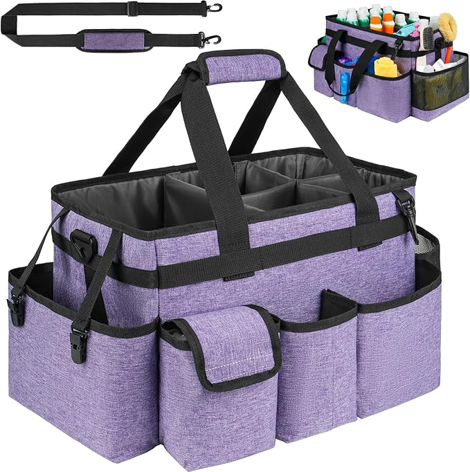 Cleaning Caddy Bag,Large Cleaning Supplies Organizer with Handle for Housekeepers,Purple