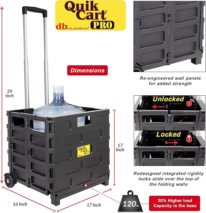 dbest products Quik Cart Pro Wheeled Rolling Crate Teacher Utility with seat Heavy Duty Collapsible Basket with Handle, Black