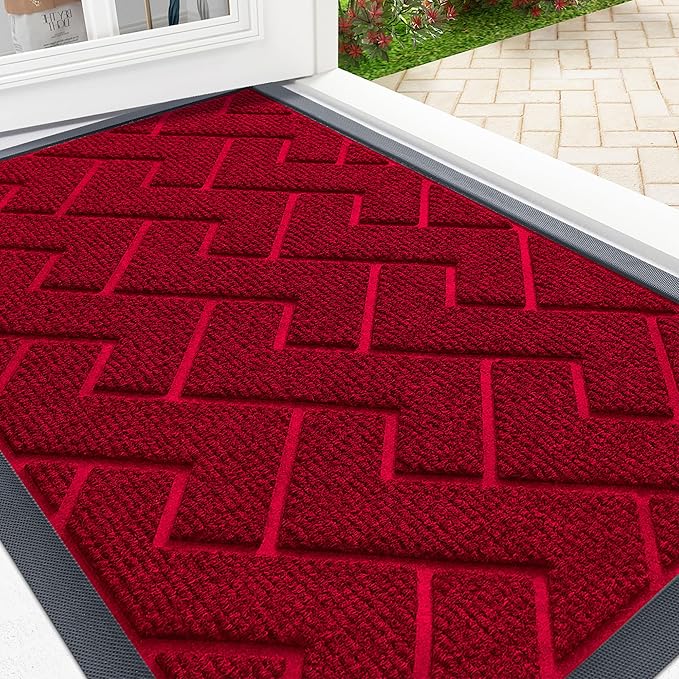OLANLY Front Door Mat Indoor Outdoor Entrance, Waterproof All-Season, All-Weather Doormat, Sturdy Natural Rubber, Low Profile, Easy Clean Patio Porch Entryway Mat, Herringbone Brick (Wine Red, 59x23)