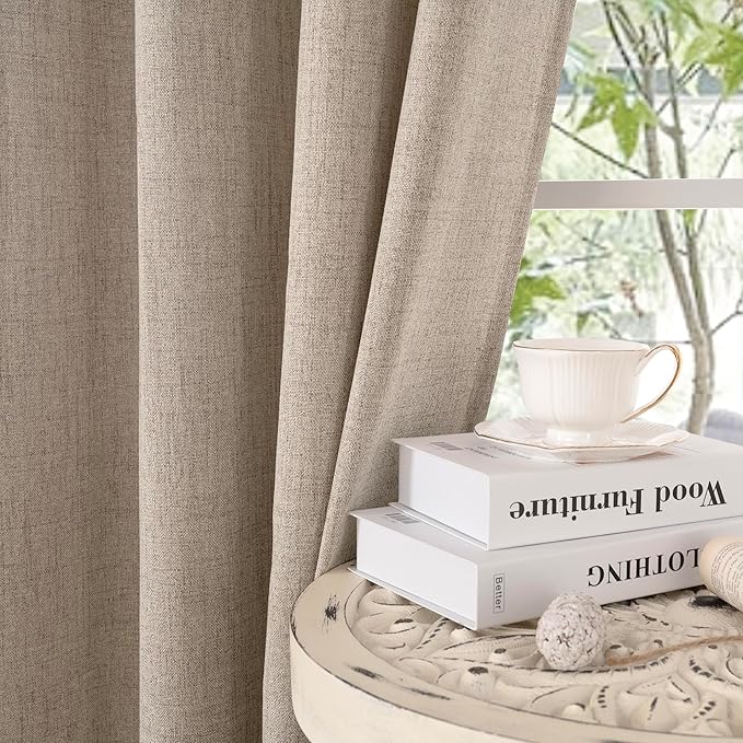 YoungsTex Dark Oatmeal Linen Semi Sheer Curtains 2 Panels for Living Room - Tan Window Drapes Light Filtering with Back Tab Rod Pocket Privacy for Farmhouse Bedroom, 52 X 72 Inch