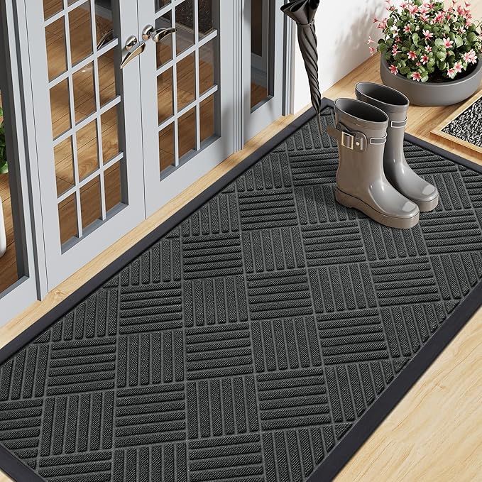 Smiry Front Door Mat Outside Entrance, Heavy Duty Outdoor Indoor Natural Rubber Doormat, Non Slip, Trap Dirt and Moisture, Easy Clean, Low Profile Patio Porch Entryway Mat, 59x23, Black