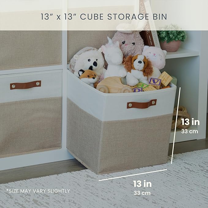 OrganiHaus 13x13 Cube Fabric Storage Bins Set of 4, Fabric Storage Cubes w/ Vegan Handles, 13 inch Collapsible Bins for Clothes & Toy Organizer, Cubbies Organizer, 13x13 Basket for Decor - Beige/White