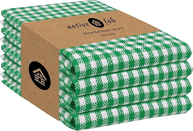 Native Fab Kitchen Dish Towels 16x26 inches Set of 4 Gingham Mini Check- 100% Cotton Dish Cloths for Washing Dishes, Absorbent Hand Towels with Hanger - Green White