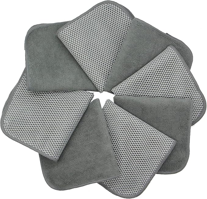 Microfiber Dish Cloths Fast Drying Kitchen Cleaning Cloth Dish Rags Dust Cloths Ultra Absorbent Lint Free Washcloths with Poly Scrub Side 12inch x 12inch 8 Pack (Gray)