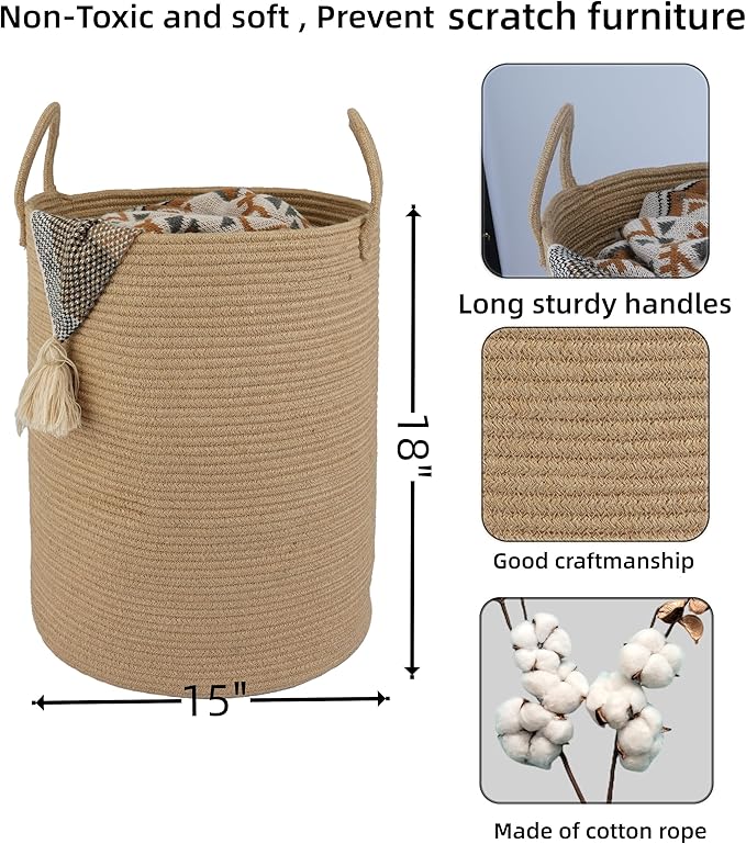 Cotton Rope Laundry Basket Hamper for Clothes Woven Storage Basket for Living Room Bedroom Boho Tall Rope Baskets for Blanket Toys Pillow Towels Baby Nursery Hamper Bin Large jute