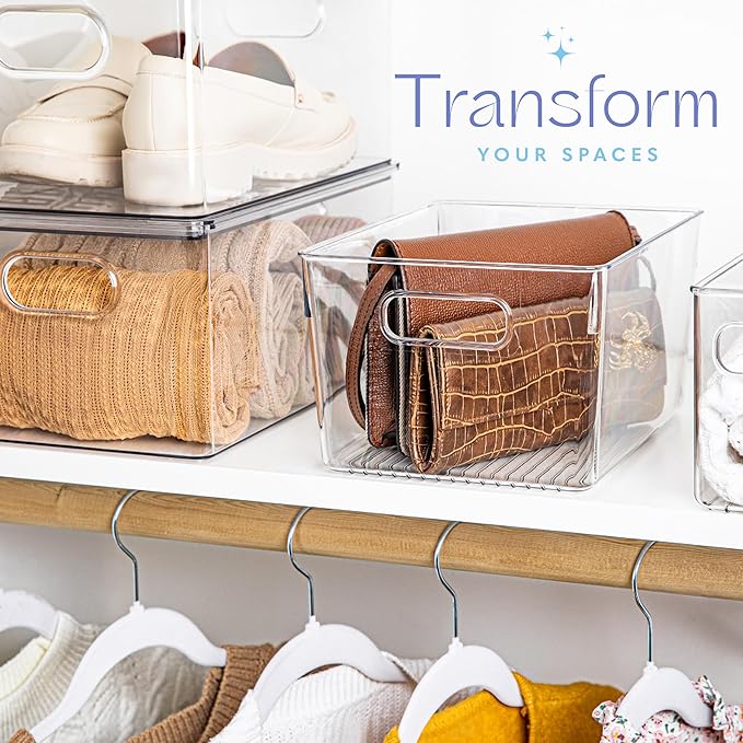 Plastic Food Storage 8 Pack Clear Container Bin with Handles for Organizing Kitchen, Pantry, Refrigerator, Freezer, Pantry, Cabinet, Closet, Bathroom. 10”x7.5”x5.3”