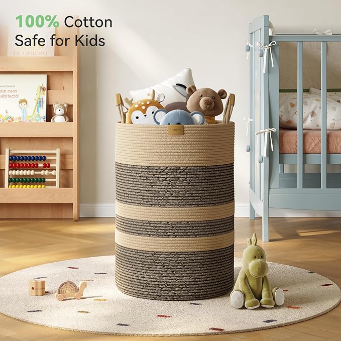 95L Striped Laundry Hamper with Leather Handles,Large Foldable Laundry Basket for Clothes,Cotton Rope Storage Bin for Blankets,Woven Clothes Basket for Bedroom,Dark Brown Stripes